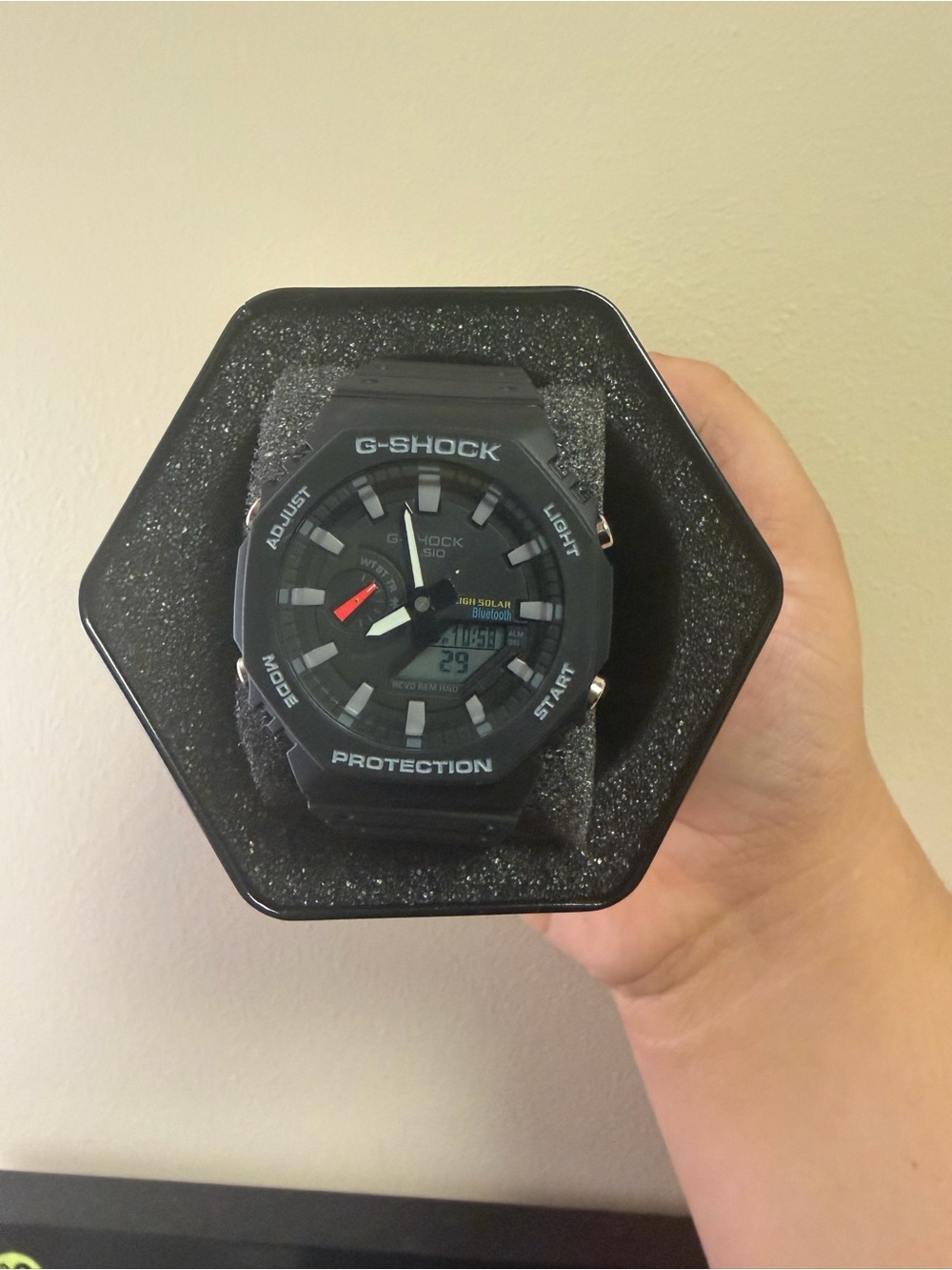 G-Shock Black Resin Solar Analog-Digital Watch with Red Accent